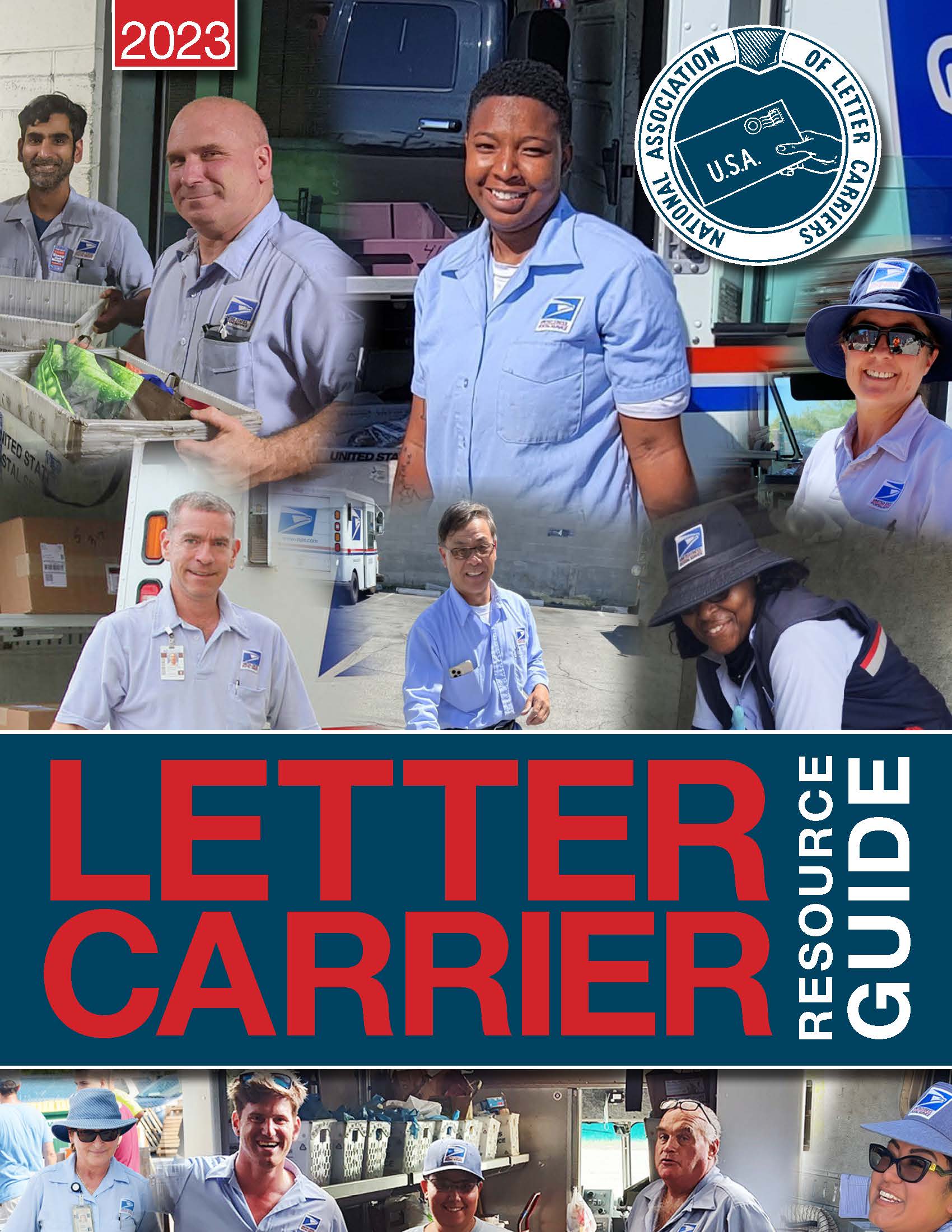 2023 Letter Carriers Resource Guide Cover. Smiling letter carriers in USPS uniforms. National Association of Letter Carriers logo